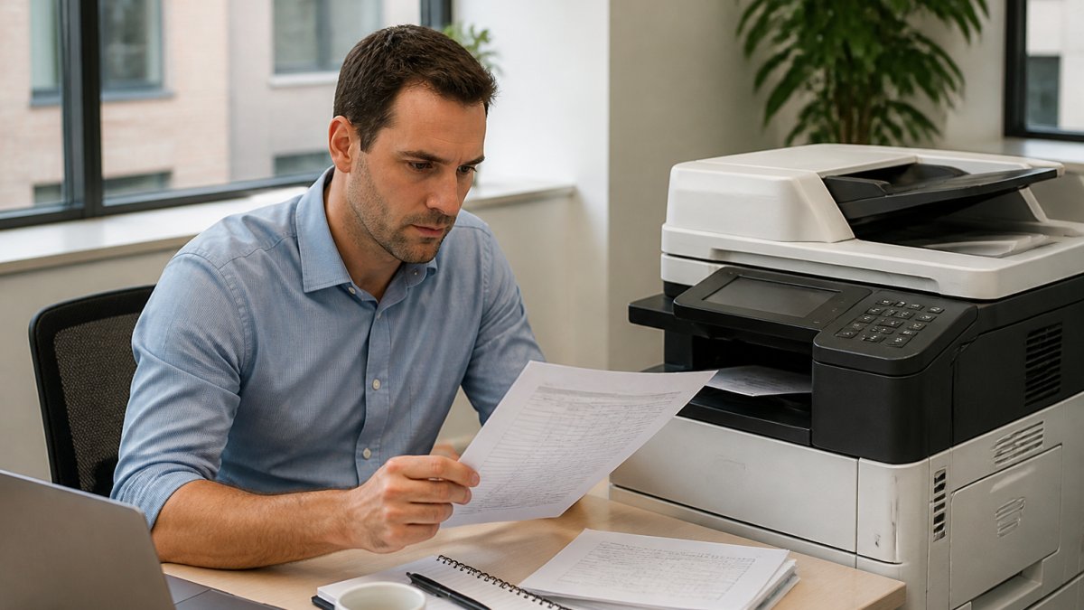 An office worker in a shirt sleeve reviewing a printed invoice next to a multifunction printer in a bright modern office, with a laptop and notepad on the desk