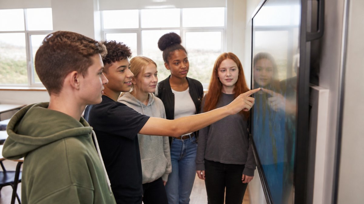 Diverse group of secondary school students gathered around an interactive display in a bright classroom, pointing at content and collaborating on a project together, with natural daylight from large windows