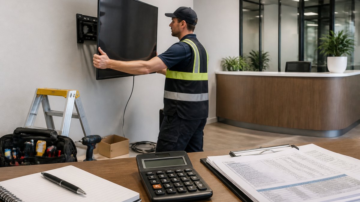 A technician in safety gear mounting a large commercial display screen onto a wall bracket in a modern office reception area, with tools and cabling visible nearby