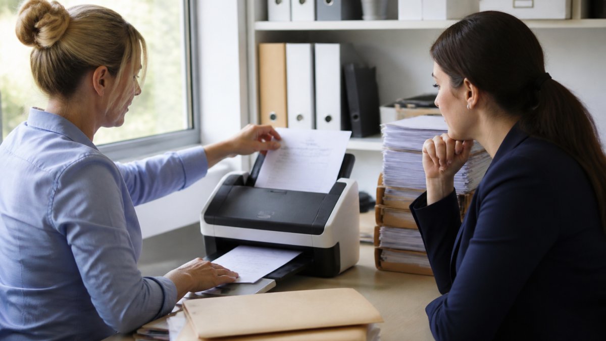 An office manager at a desk scanning a stack of paper files into a desktop scanner, with a colleague reviewing digital records on a second monitor beside her, soft daylight from a window