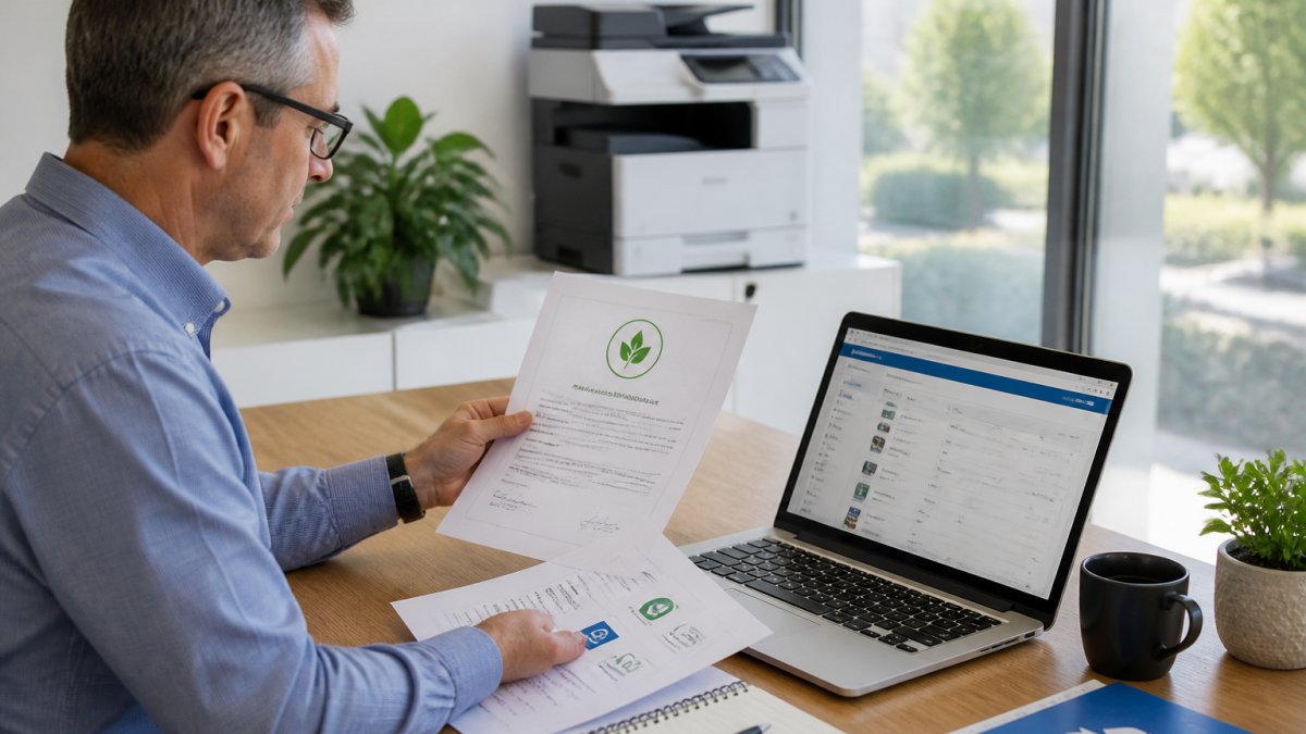 An office manager reviewing printer certification documents at a desk with a laptop showing an energy label database, in a bright modern office