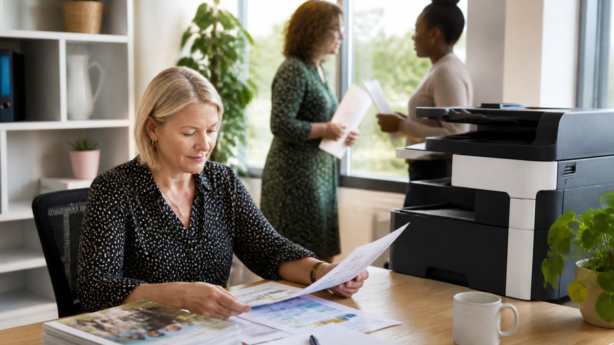 Charity office worker at desk with modern multifunction printer, reviewing printed documents with colleagues in background, natural daylight from windows