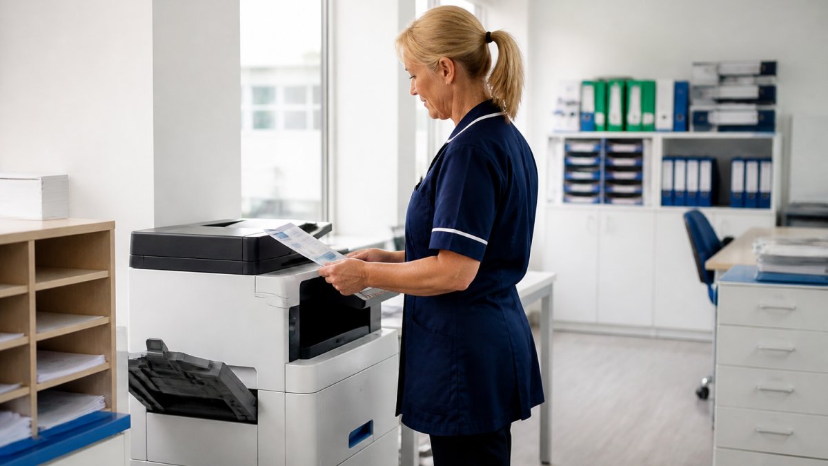 Professional demonstrating managed print services for nhs technique in modern clinical office setting with natural lighting and organised document trays visible