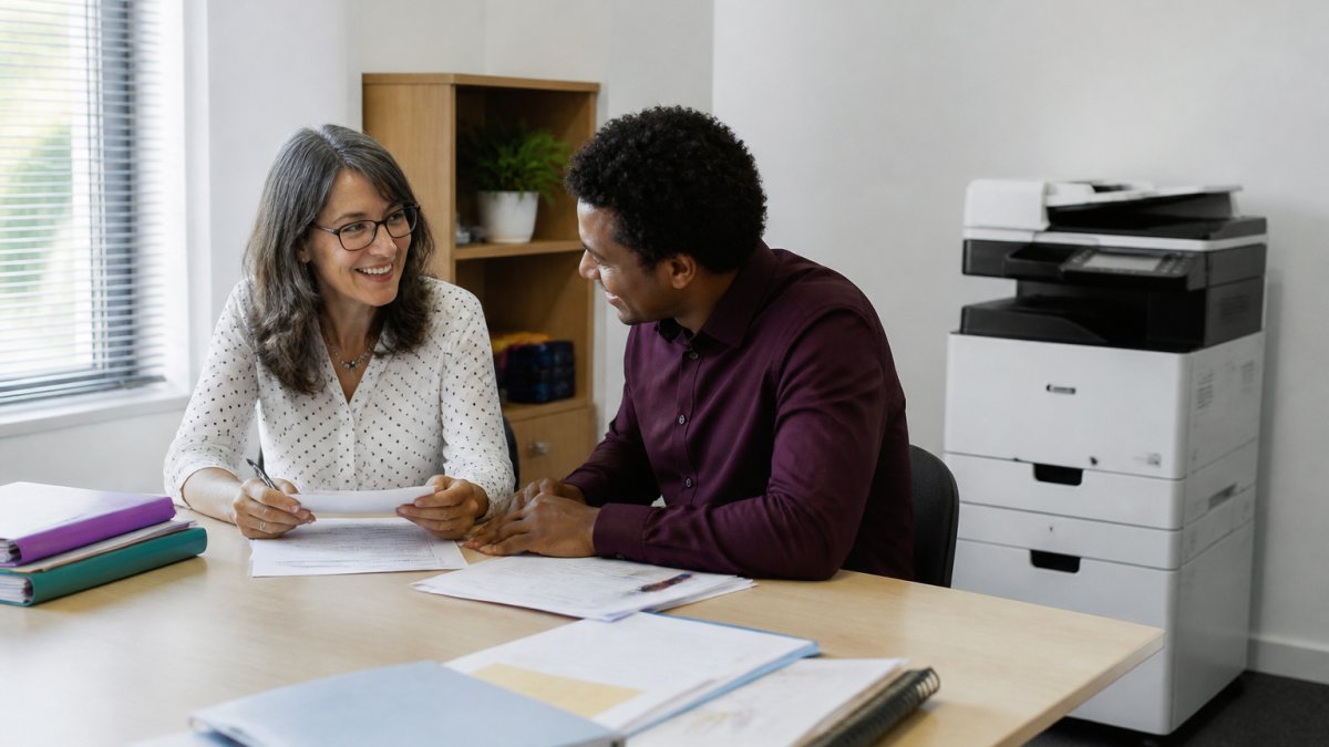 Charity office staff working together at a desk with a modern multifunction copier in the background, documents and folders visible, natural office lighting