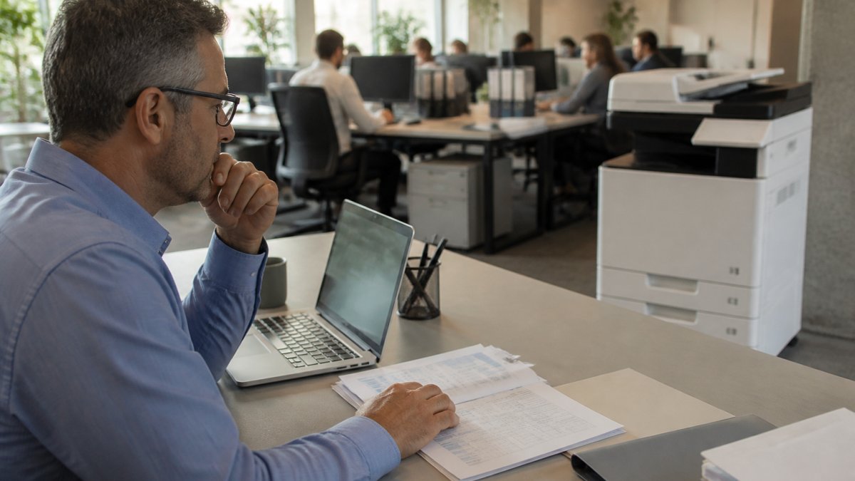 An office manager reviewing printer dashboard data on a desktop monitor in a busy open-plan office, with a multifunction printer visible in the background