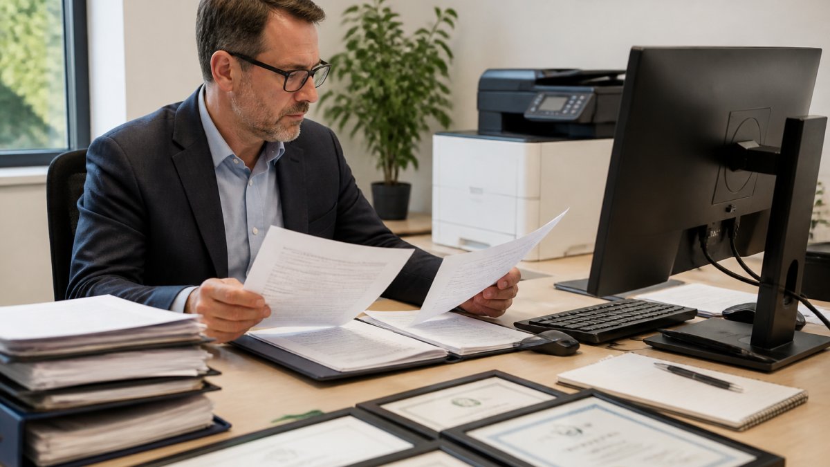 Procurement manager reviewing supplier compliance documentation and certifications at a desk with files, certificates, and computer screen showing compliance records