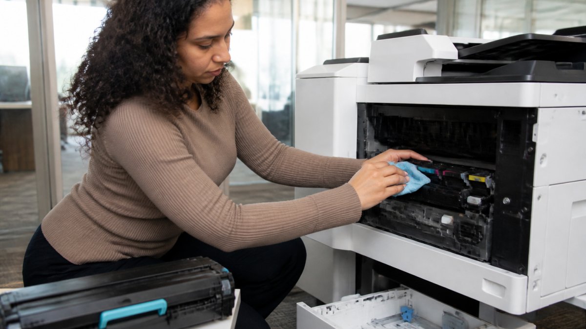 Office staff member checking printer supplies, cleaning around the toner cartridge area, and inspecting the paper tray in a modern workplace with natural lighting